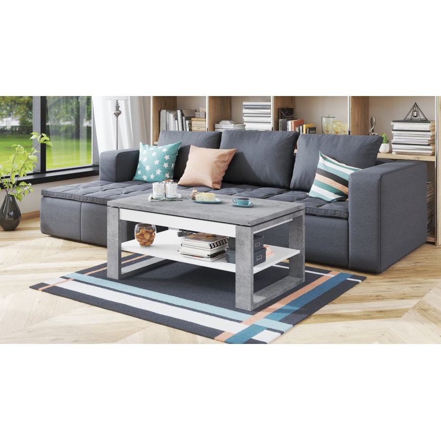 Salontafel met hefblad en opbergplank NEA betongrijs/wit