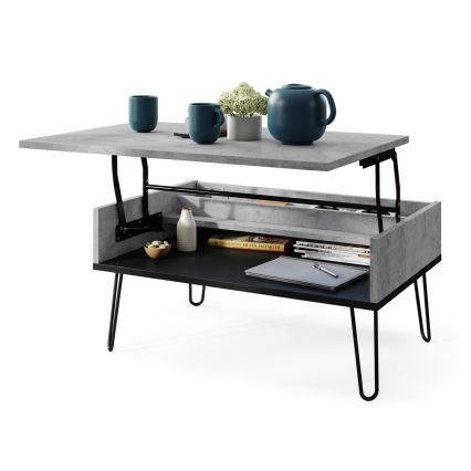 Salontafel met opklapbaar blad en opbergplank HALIJA betongrijs/zwart