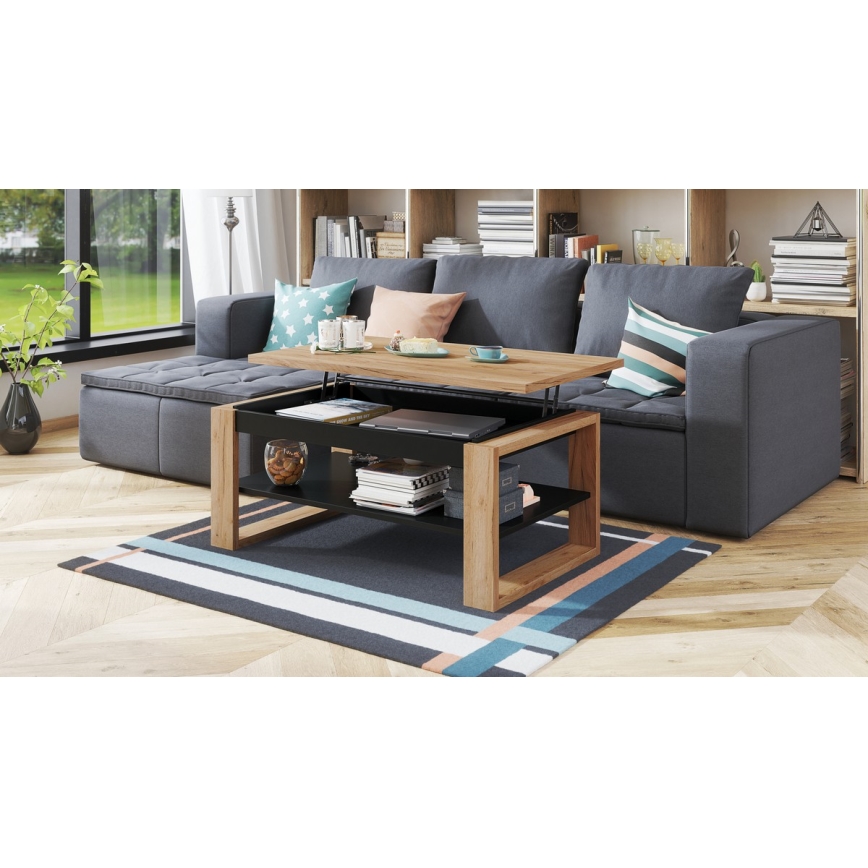Salontafel met opklapbaar bovenblad en plank NEA eiken/zwart