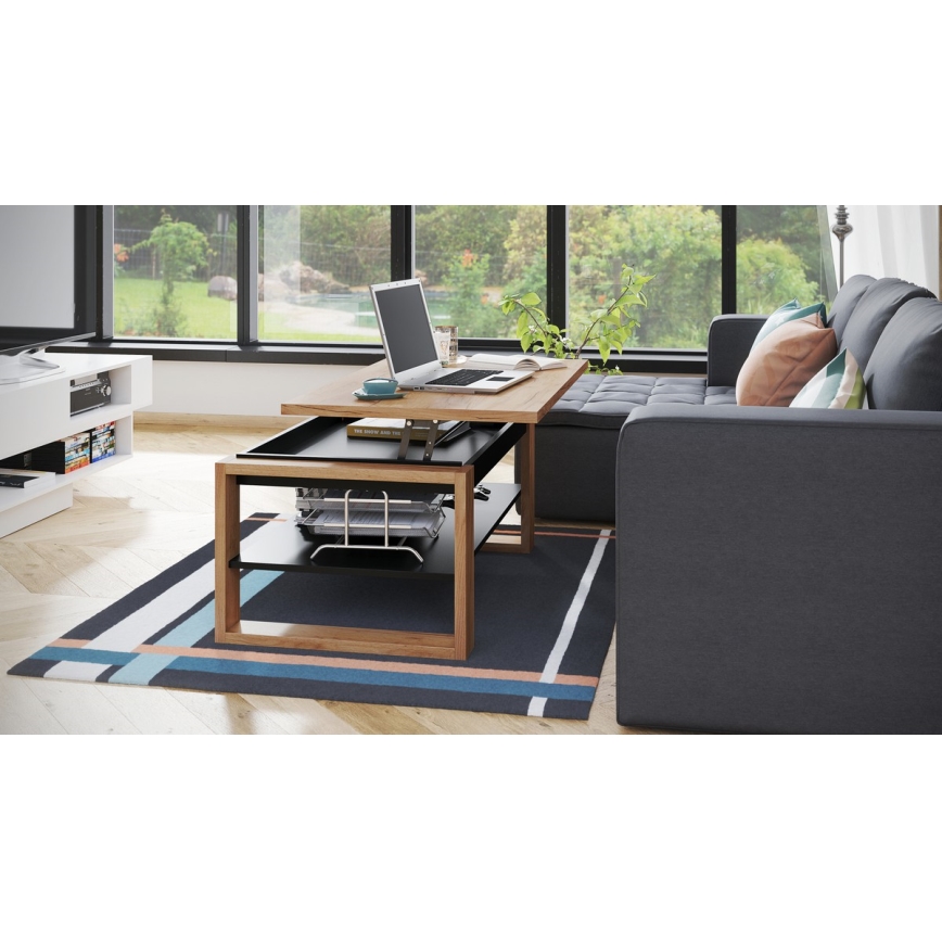 Salontafel met opklapbaar bovenblad en plank NEA eiken/zwart