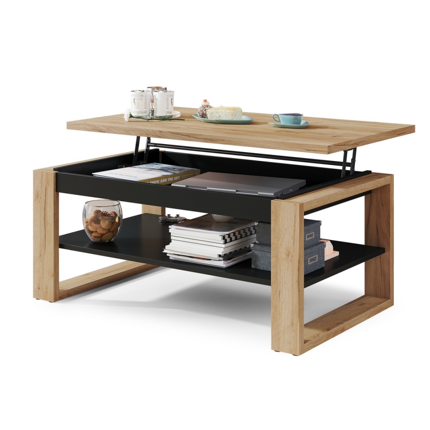 Salontafel met opklapbaar bovenblad en plank NEA eiken/zwart