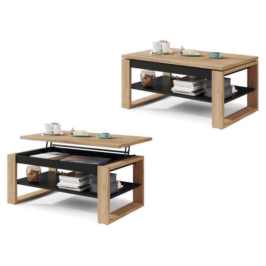Salontafel met opklapbaar bovenblad en plank NEA eiken/zwart