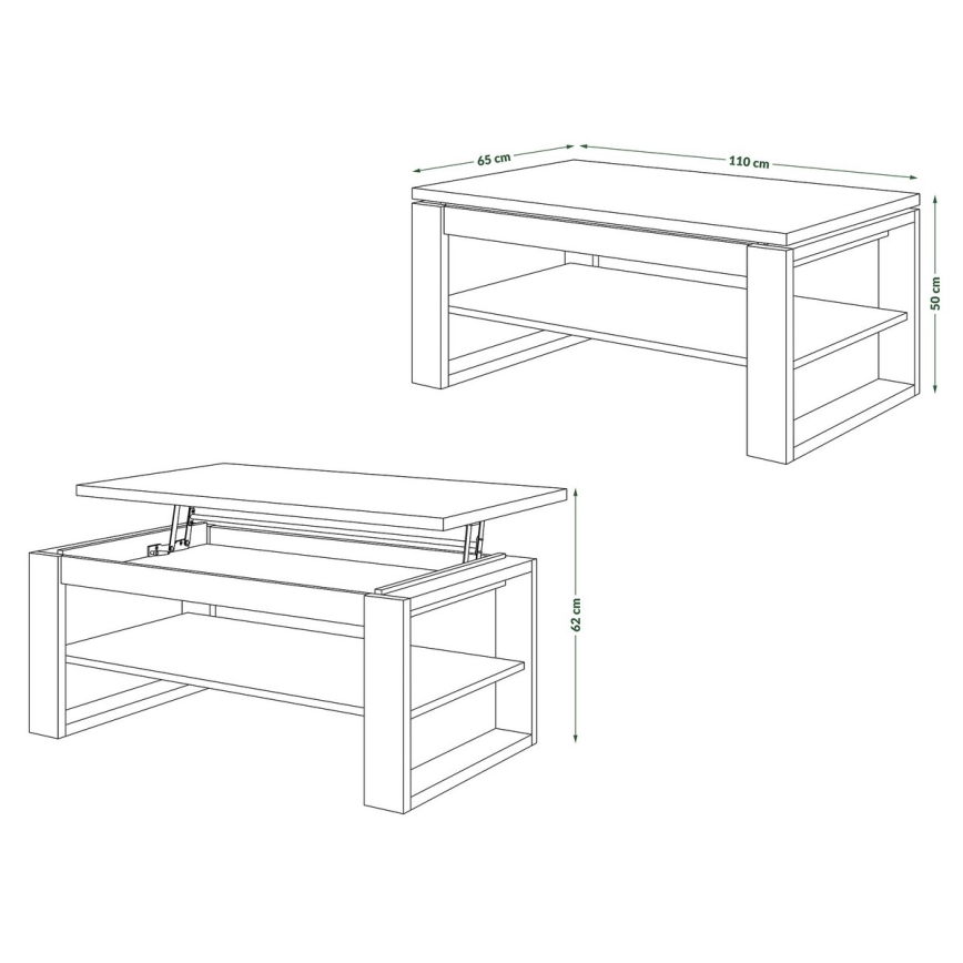 Salontafel met opklapbaar bovenblad en plank NEA grijs/wit