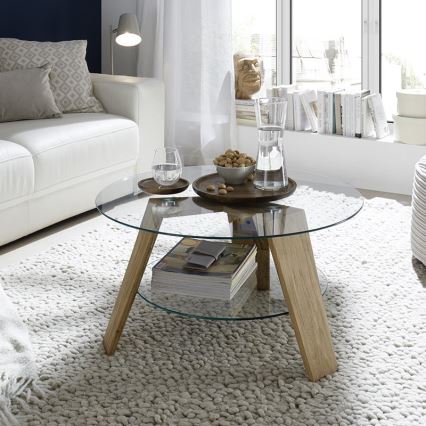 Salontafel TITAN Ø 75 cm, helder glas / eik