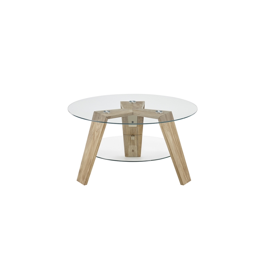 Salontafel TITAN Ø 75 cm, helder glas / eik