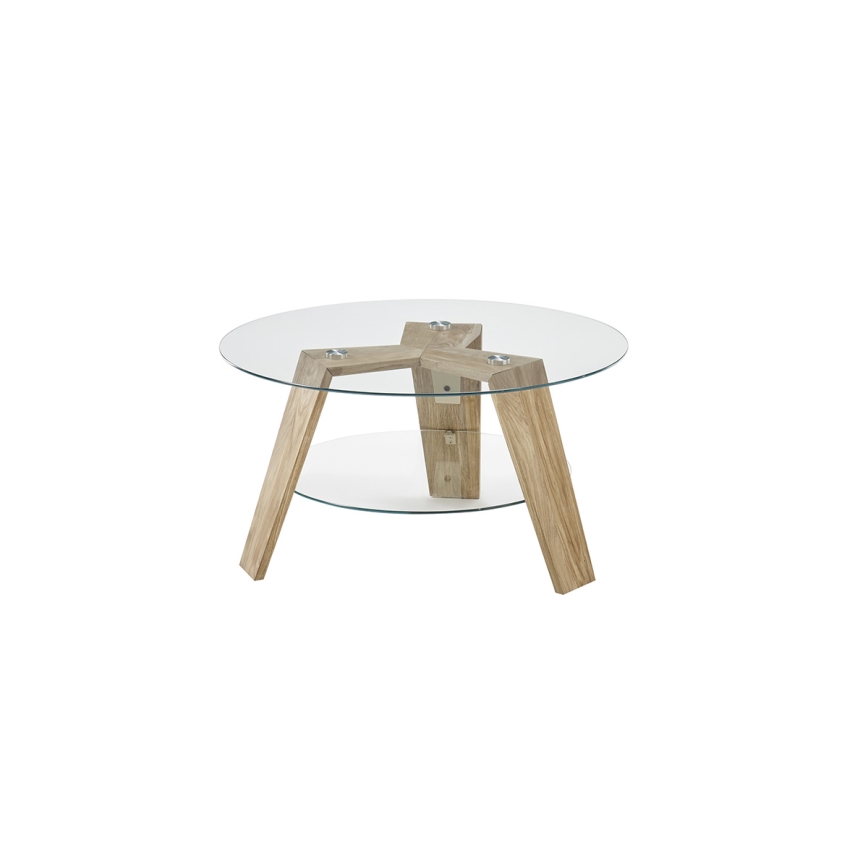 Salontafel TITAN Ø 75 cm, helder glas / eik