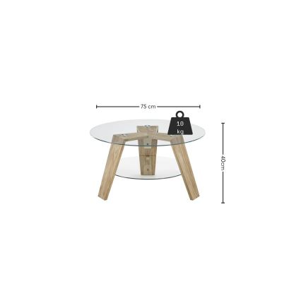 Salontafel TITAN Ø 75 cm, helder glas / eik