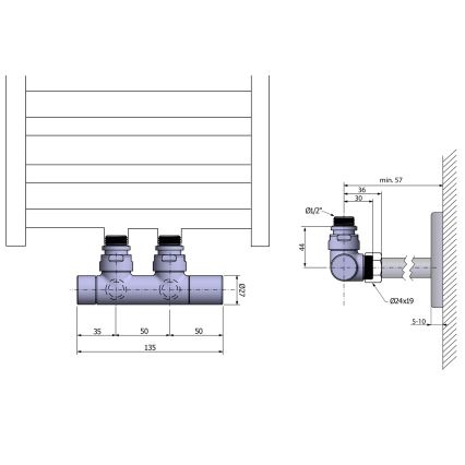 Sapho - Aansluitset ventielen voor middenaansluiting TWIN glanzend chroom