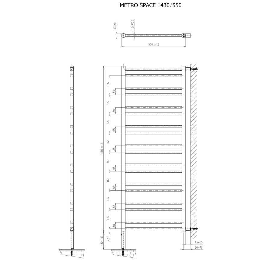 Sapho - Badkamerradiator METRO SPACE 525W 55x143 cm mat zwart