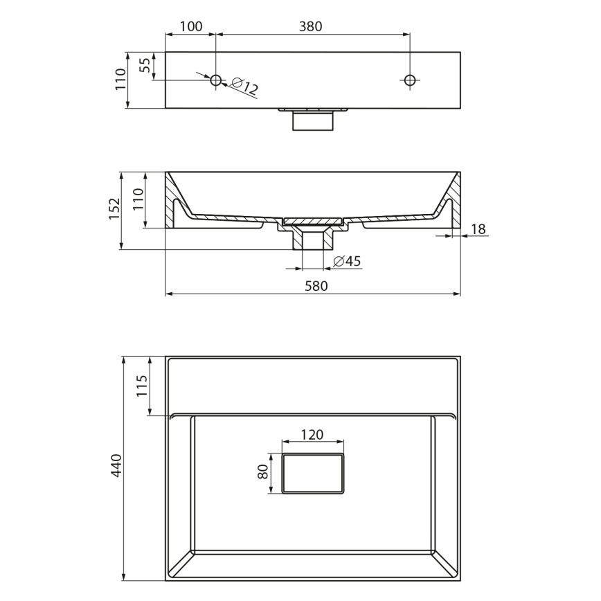 Sapho - GODIVA wandgemonteerde wastafel 58 x 44 cm, marmer/wit