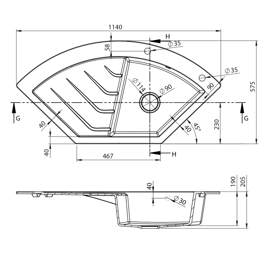 Sapho - Hoekspoelbak voor keuken 114 x 57,5 cm, graniet/beige