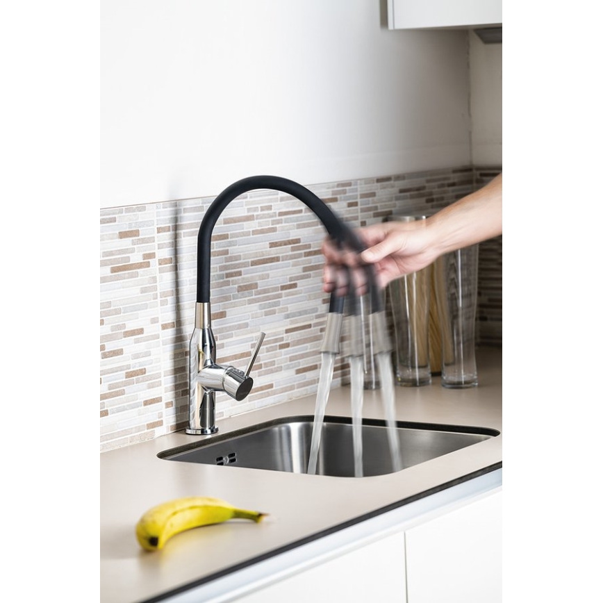 Sapho - Kraan voor gootsteen met flexibele arm SILI zwart/messing