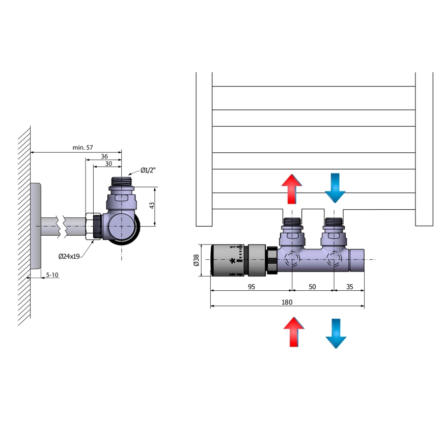 Sapho - Thermostatische aansluitset voor centrale aansluiting TWIN links/mat RVS