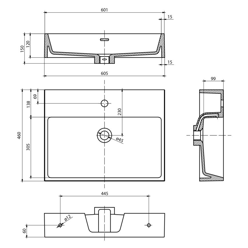 Sapho - Wandhangende wastafel AQUATIC 60x46 cm keramiek/wit