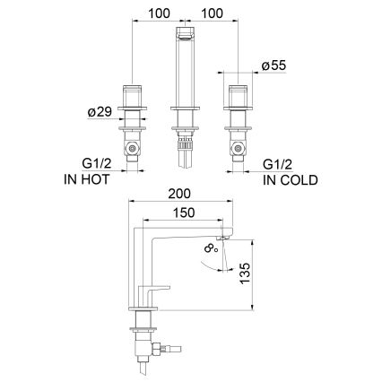 Sapho - Wastafelmengkraan 3-gats TURSI mat zwart