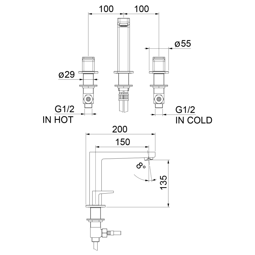 Sapho - Wastafelmengkraan 3-gats TURSI mat zwart
