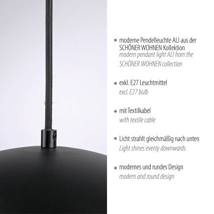 Schöner Wohnen 11728-18 - Hanglamp met kabel ALI 1xE27/25W/230V Ø 38 cm zwart