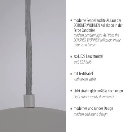 Schöner Wohnen 11728-39 - Suspension sur câble ALI 1xE27/25W/230V, Ø 38 cm, gris