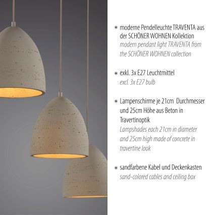 Schöner Wohnen 12541-42 - Hanglamp aan kabel TRAVENTA 3xE27/40W/230V beton