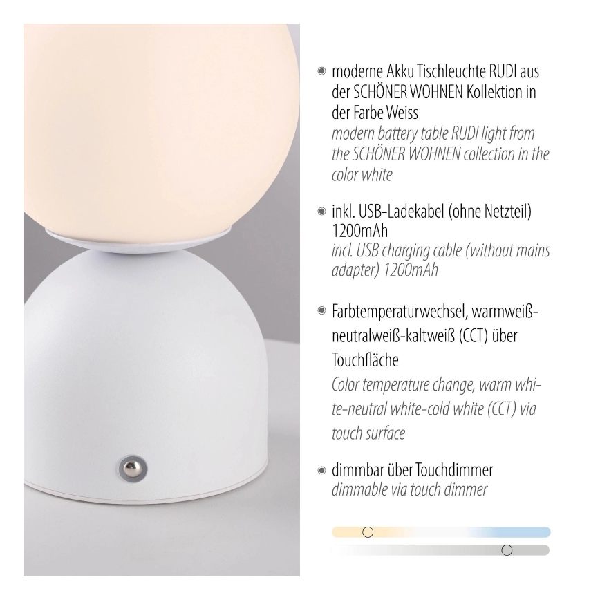 Schöner Wohnen 19218-16 - LED dimbare raakgevoelige oplaadbare tafellamp RUDI LED/1,2W/5V 3000-6000K 1200 mAh wit