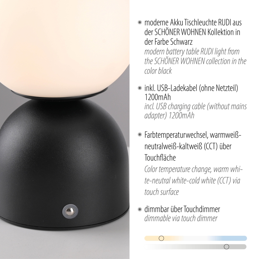 Schöner Wohnen 19218-18 - LED dimbare touch-oplaadbare tafellamp RUDI LED/1,2W/5V 3000-6000K 1200 mAh zwart