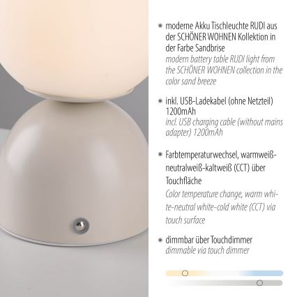 Schöner Wohnen 19218-39 - lampe de table LED tactile dimmable et rechargeable RUDI LED/1,2W/5V 3000-6000K 1200 mAh gris