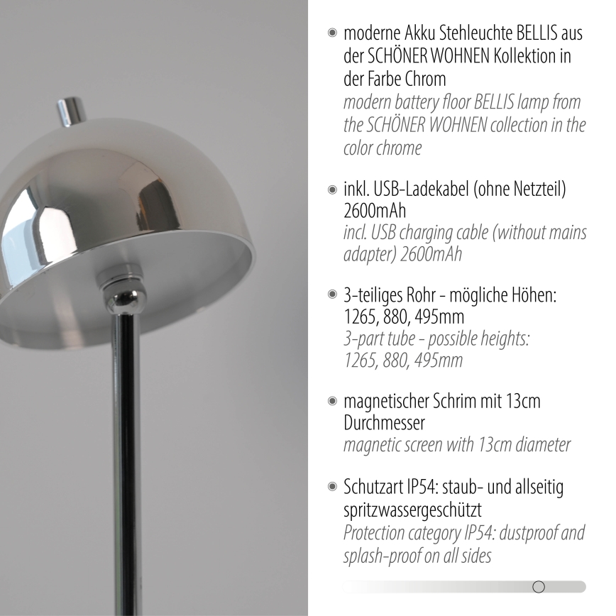 Schöner Wohnen 19245-17 - Lampadaire d'extérieur rechargeable à commande tactile et à intensité réglable BELLIS LED/2,5W/5V 2600 mAh IP54, finition chrome brillant