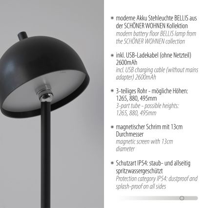 Schöner Wohnen 19245-18 - Lampadaire d'extérieur LED dimmable à commande tactile, rechargeable BELLIS LED/2,5W/5V 2600 mAh IP54 noir