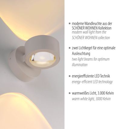 Schöner Wohnen 19331-39 - Applique murale LED CHIA 2xLED/2W/230V grise