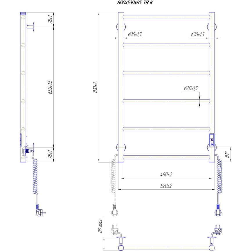 Sèche-serviettes CLASSIC 110 W/230 V 81 x 52 cm inox/noir, version droite