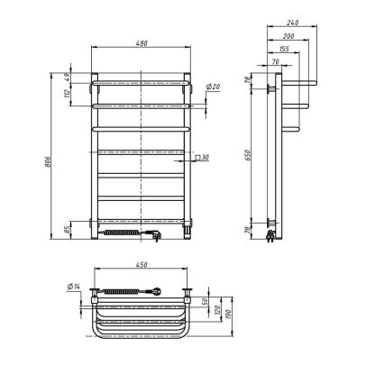 Sèche-serviettes électrique FORTIS 155 W avec thermostat, 80 x 48 cm, blanc, raccordement gauche
