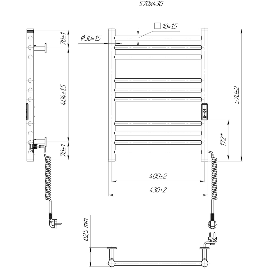 Sèche-serviettes en échelle pour salle de bains HF GREENWICH 100W/230V 57x43 cm noir, raccordement droit, profil rond