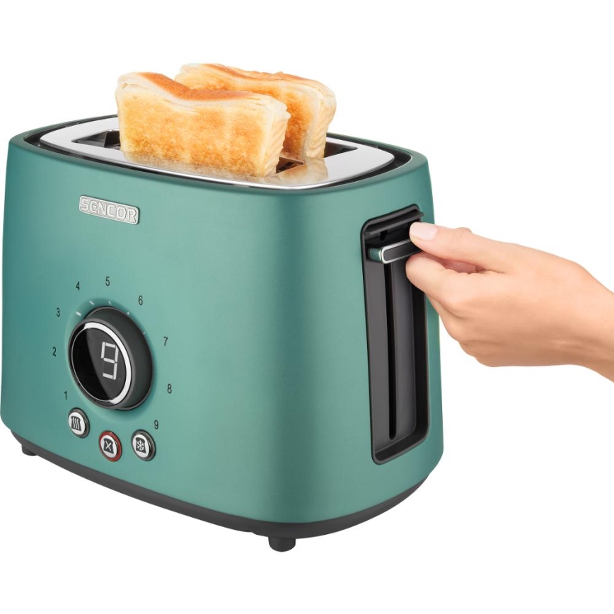 Sencor - Broodrooster met twee sleuven en opwarmrek 1000W/230V mintgroen