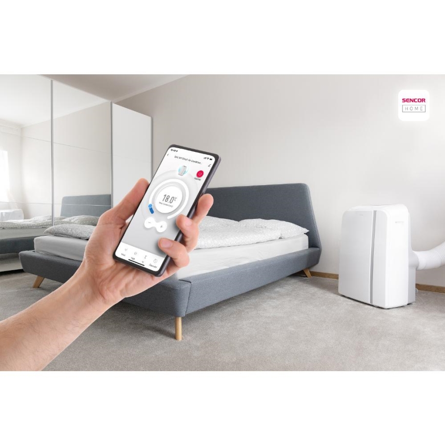 Sencor - Climatiseur portable connecté 3en1 avec accessoires complets 1450W/230V 12000 BTU Wi-Fi blanc + Télécommande