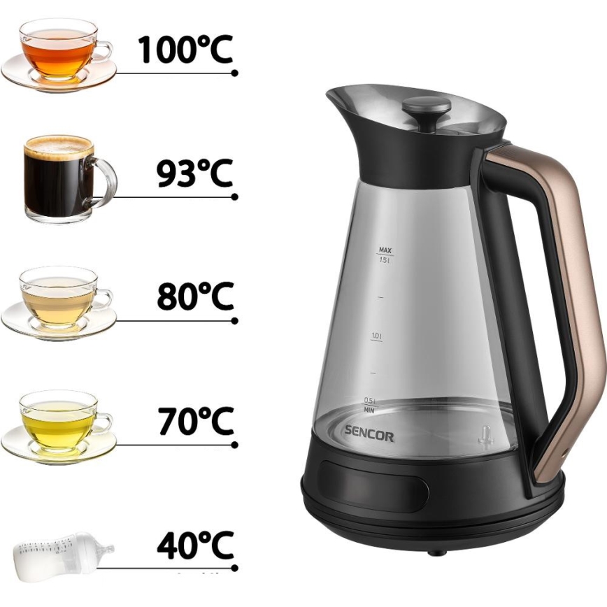 Sencor - Elektrische waterkoker met temperatuurregeling 1,5 l 2150 W/230 V zwart/roségoud