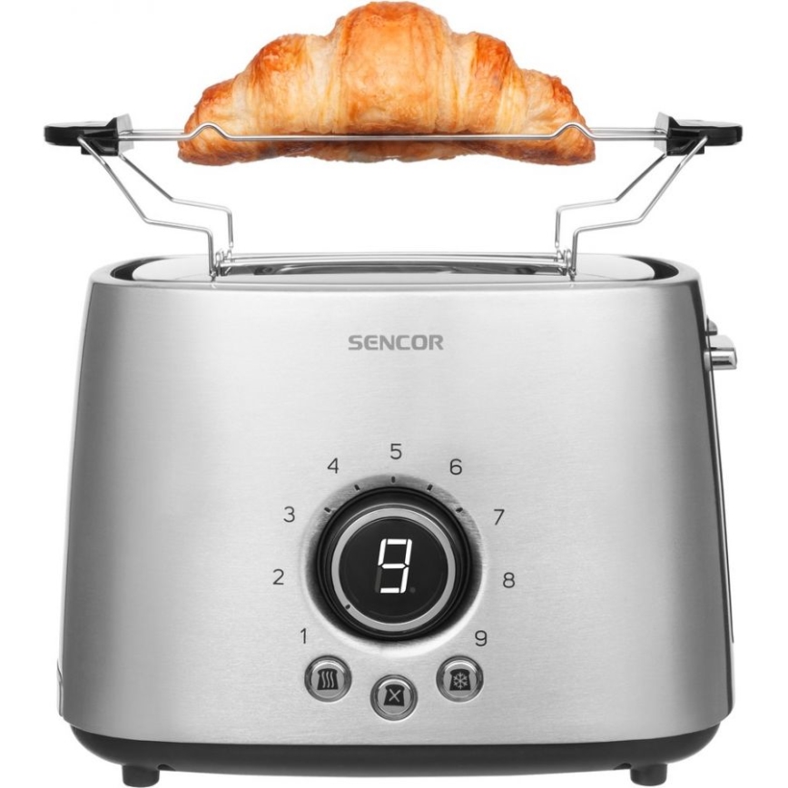 Sencor - Grille-pain à deux fentes avec grille de réchauffage 1000W/230V argenté