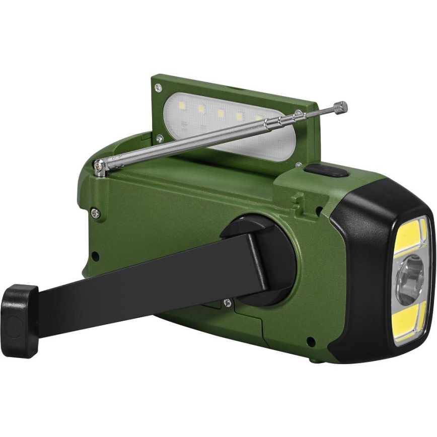 Sencor - Kampeerradio met handdynamo, zonnepaneel en LED-zaklamp 5V/2000 mAh IPX4 groen