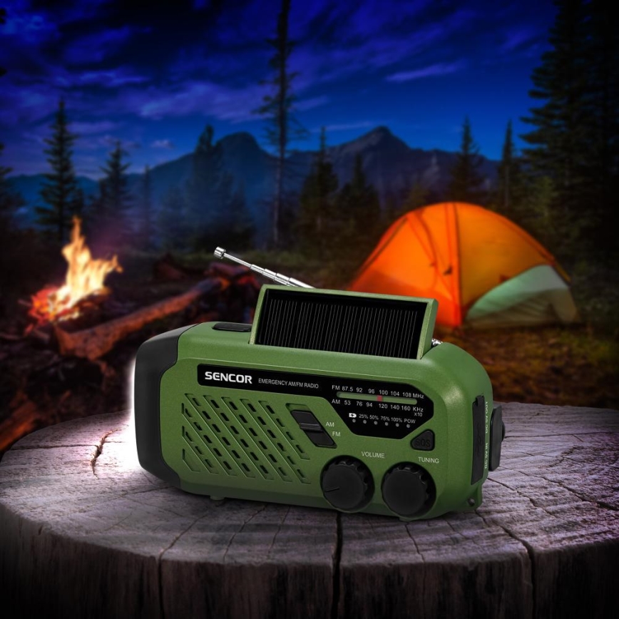 Sencor - Kampeerradio met handdynamo, zonnepaneel en LED-zaklamp 5V/2000 mAh IPX4 groen