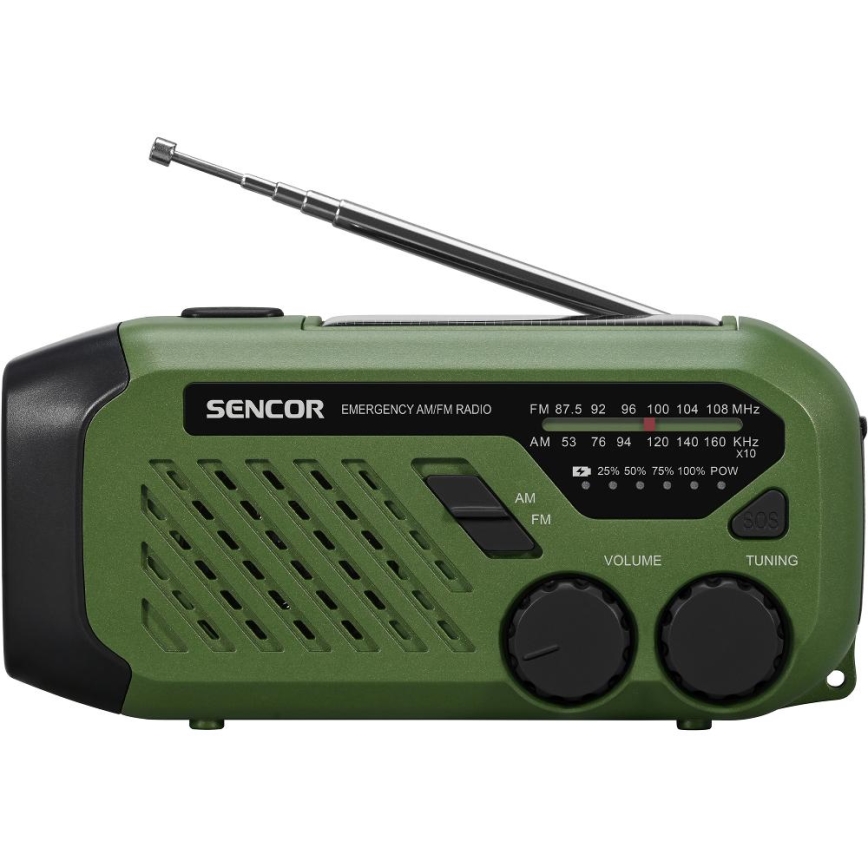 Sencor - Kampeerradio met handdynamo, zonnepaneel en LED-zaklamp 5V/2000 mAh IPX4 groen