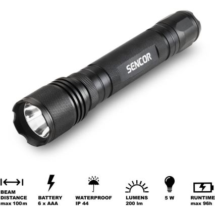 Sencor - Lampe torche en aluminium LED/5W/6xAAA IP44 noir