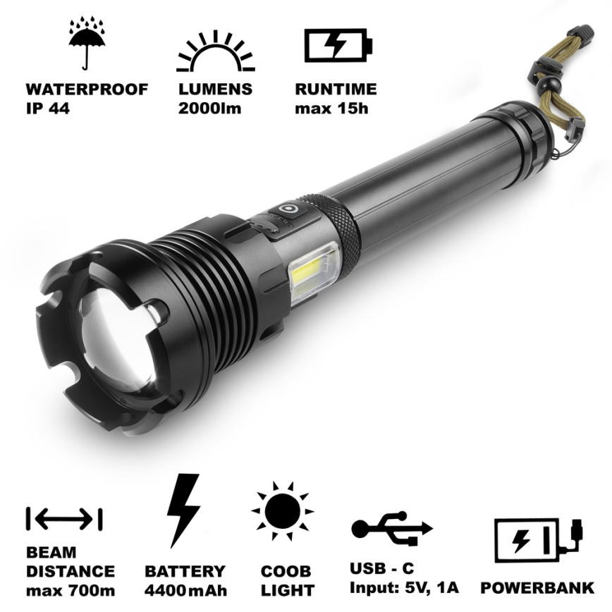 Sencor - LED Oplaadbare aluminium zaklamp met powerbankfunctie LED/10W/4400 mAh 2000 lm IP44