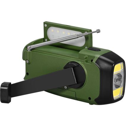 Sencor - Radio de camping à manivelle avec panneau solaire et lampe torche LED 5 V/2000 mAh IPX4, vert