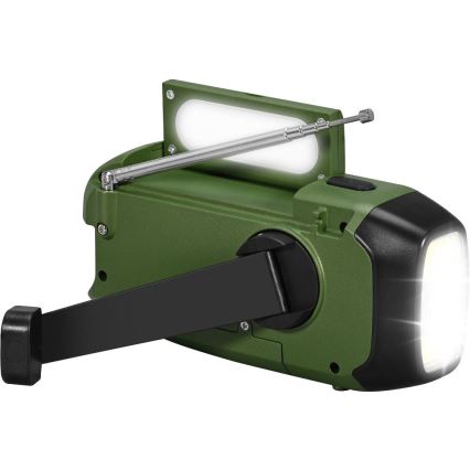 Sencor - Radio de camping à manivelle avec panneau solaire et lampe torche LED 5 V/2000 mAh IPX4, vert