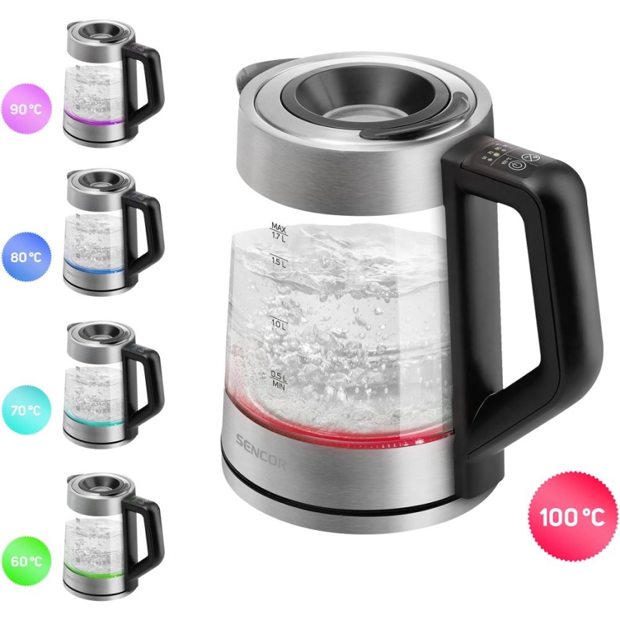 Sencor - Snelle waterkoker met temperatuurregeling 1,7 l 2200W/230V mat chroom/zwart