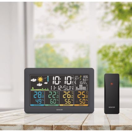 Sencor - Station météo avec écran LCD couleur + 3 capteurs 3xAA + 6xAA, noire