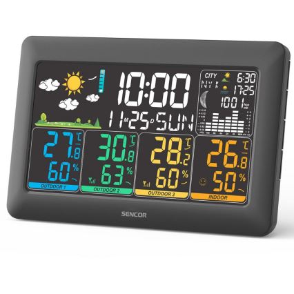 Sencor - Station météo avec écran LCD couleur + 3 capteurs 3xAA + 6xAA, noire