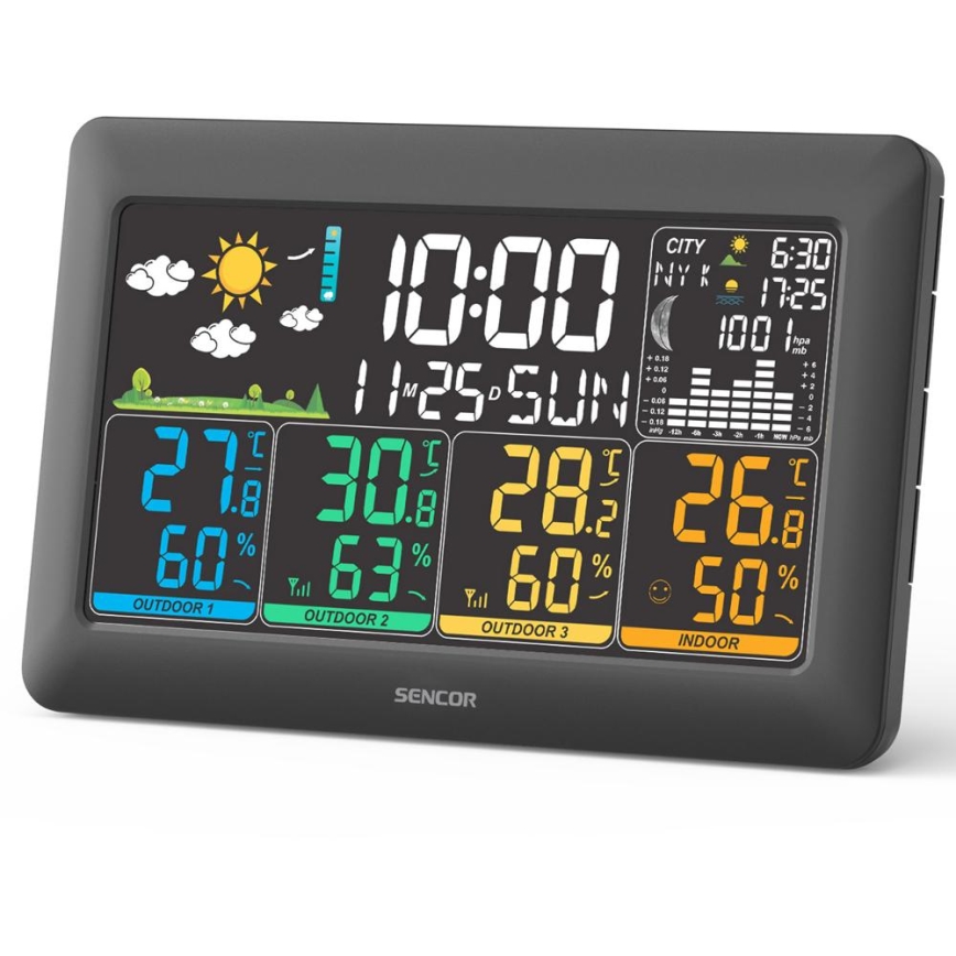 Sencor - Station météo avec écran LCD couleur + 3 capteurs 3xAA + 6xAA, noire