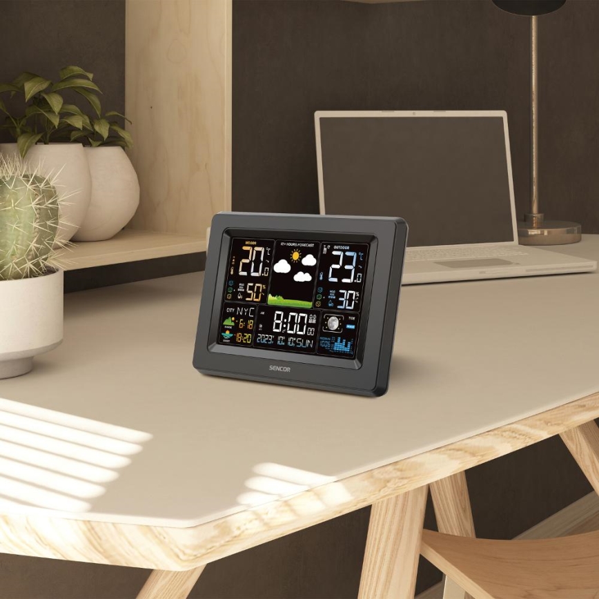 Sencor - Station météo avec écran LCD couleur, alimentée par 3xAA + 2xAA, noir
