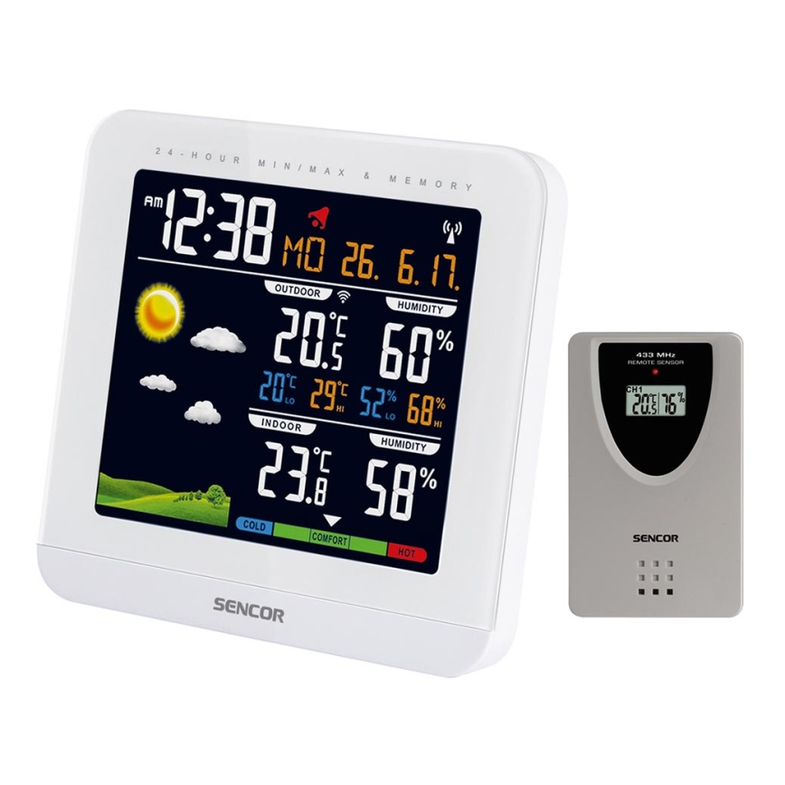 Sencor - Station météo avec écran LCD couleur et réveil 3xAAA + 2xAAA blanc