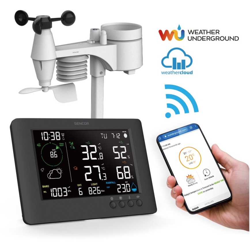Sencor - Station météo professionnelle avec écran LCD couleur et réveil 5V/1xCR2032 + 3xAA Wi-Fi